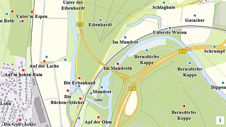 Exakt lokalisierte Flurnamen in der Gemarkung von Cölbe (Landkreis Marburg-Biedenkopf). Blaue Markierungen kennzeichnen Flurnamen aus dem aktuellen Liegenschaftskataster, rot markiert sind Flurnamen, die mithilfe der Unterlagen des Flurnamenarchivs in Marburg lokalisiert werden konnten.