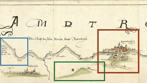 Cover Mehr als Stadt, Land, Fluß Historische gezeichnete Landkarte, in welcher bestimmte Bereiche mit blauem, grünem und rotem Viereck umrandet sind. Dies ist das Cover der Publikation „Mehr als Stadt, Land, Fluß“