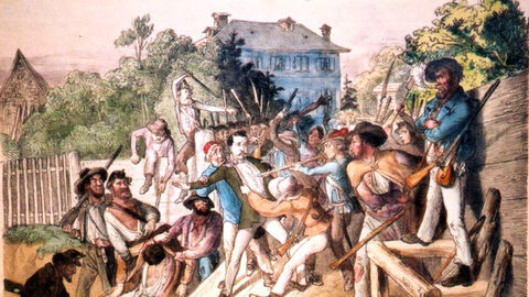 Völker, Wilhelm: Ermordung der Abgeordneten von Auerswald und von Lichnowsky am 18. September 1848 in Frankfurt Gemälde von Wilhelm Völker über die Ermordung der Abgeordneten Auerswald und von Lichnowsky