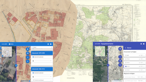 Originalkarten und Anwendungen Bild zweier Karten und der Ansicht in der Kartenanwendung (WebGIS)