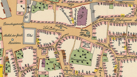Ausschnitt aus "Geometrischer Grund-Riß über die Hochfürstl. Residentz Stadt Fuldt“, 1727, in: HStAM, Best. Karten B 274; umgezeichnet und abgedruckt als Beilage zu Aloys Jestaedt: Kataster der Stadt Fulda im XVIII. und XIX. Jahrhundert, Teil I, Fulda 1937 Alte Karte von Fulda
