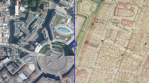 Ein Luftbild und die dazugehörige Altkarte zeigen den Königsplatz und die westliche Stadtbefestigung in Kassel sowie der Martinskirche