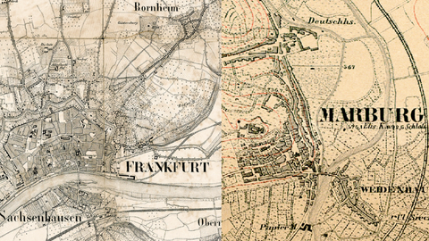 Historischer Kartenausschnitt von Frankfurt und Marburg