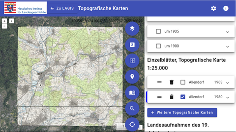 Screenshot der Anwendung Topografische Karten mit einem einzelnen Kartenblatt in der Kartenansicht und der Kartenlegende. Der Legende wurden zwei Kartenblätter aus Allendorf (Lumda) hinzugefügt Screenshot der Anwendung Topografische Karten mit einem einzelnen Kartenblatt in der Kartenansicht und der Kartenlegende. Der Legende wurden zwei Kartenblätter aus Allendorf (Lumda) hinzugefügt
