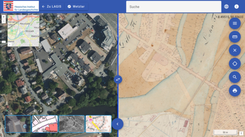Bildschirmfoto der Anwendung Urkataster Plus mit einem Ausschnitt von Wetzlar. Es zeigt auf der rechten Seite das historische Kartenmaterial mit Lahn und Dill, der Bebauung des 19. Jahrhunderts und landwirtschaftlich genutzten Flächen. Auf der linken Seite ist der angrenzende westliche Bereich mit der heute überbauten Dill, einer mehrspurigen Straße, Parkplätzen und Gebäuden im modernen Luftbild zu sehen