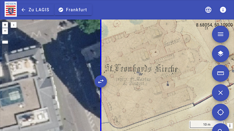 Bildschirmfoto der Anwendung Urkataster Plus im Bereich der Leonhardskirche. Es zeigt auf der rechten Seite das historische Kartenmaterial, auf dem der Kirchengrundriss eingetragen ist. Auf der linken Seite geht das Bild in ein modernes Luftbild über.