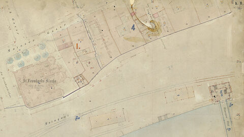 Ausschnitt aus der Katasterkarte Frankfurt bII, Aufnahme 1850 ff. mit der Leonhardskirche und dem nördlichen Ende des Eisernen Stegs