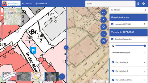 Gegenüberstellung von moderner und historischer Katasterkarte der Stadt Lindenfels in der Urkataster+-Anwendung