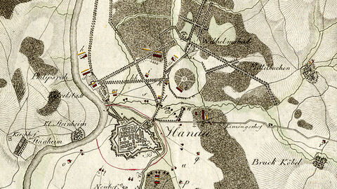 „Einschließung einer Festung, Pl. XXXV.“, aus „Beyträge zum practischen Unterricht im Felde für die österreichische Armee“, S. 376 (Privatbesitz)