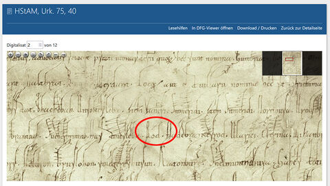 Detail aus der Urkunde vom 18. Mai 876, HStAM, Urk.75,40