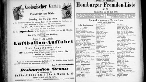Seitenbild einer Homburger Fremdenliste von 1880 mit Anzeigenwerbung aus dieser Zeit
