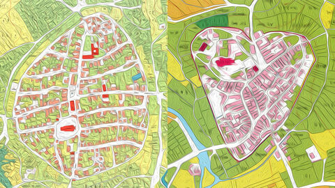 Mit Filtern verfremdete Umzeichnung zweier Katasterkarten aus dem 19. Jahrhundert, links einer westfälischen, rechts einer hessischen Stadt
