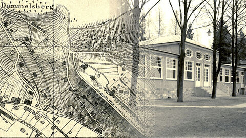 Montage eines Kartenausschnitts von Marburg von 1924 mit dem Breiten Weg (heute Gisonenweg), der in eine historische Fotografie des Vortragssaales des Herder-Instituts (dem ehemaligen Schloßcafé) übergeht.