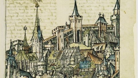 Bildausschnitt der Federzeichnung vom Wiederaufbau von Frankenberg nach dem Stadtbrand von 1476 aus der Stadtchronik von Wigand Gerstenberg