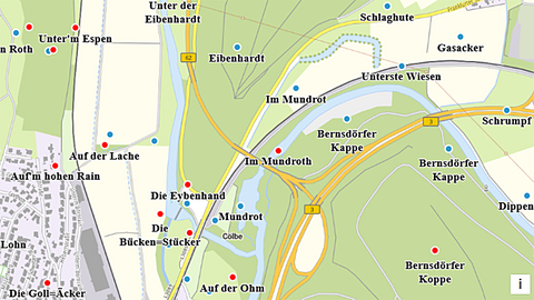 Exakt lokalisierte Flurnamen in der Gemarkung von Cölbe (Landkreis Marburg-Biedenkopf). Blaue Markierungen kennzeichnen Flurnamen aus dem aktuellen Liegenschaftskataster, rot markiert sind Flurnamen, die mithilfe der Unterlagen des Flurnamenarchivs in Marburg lokalisiert werden konnten.